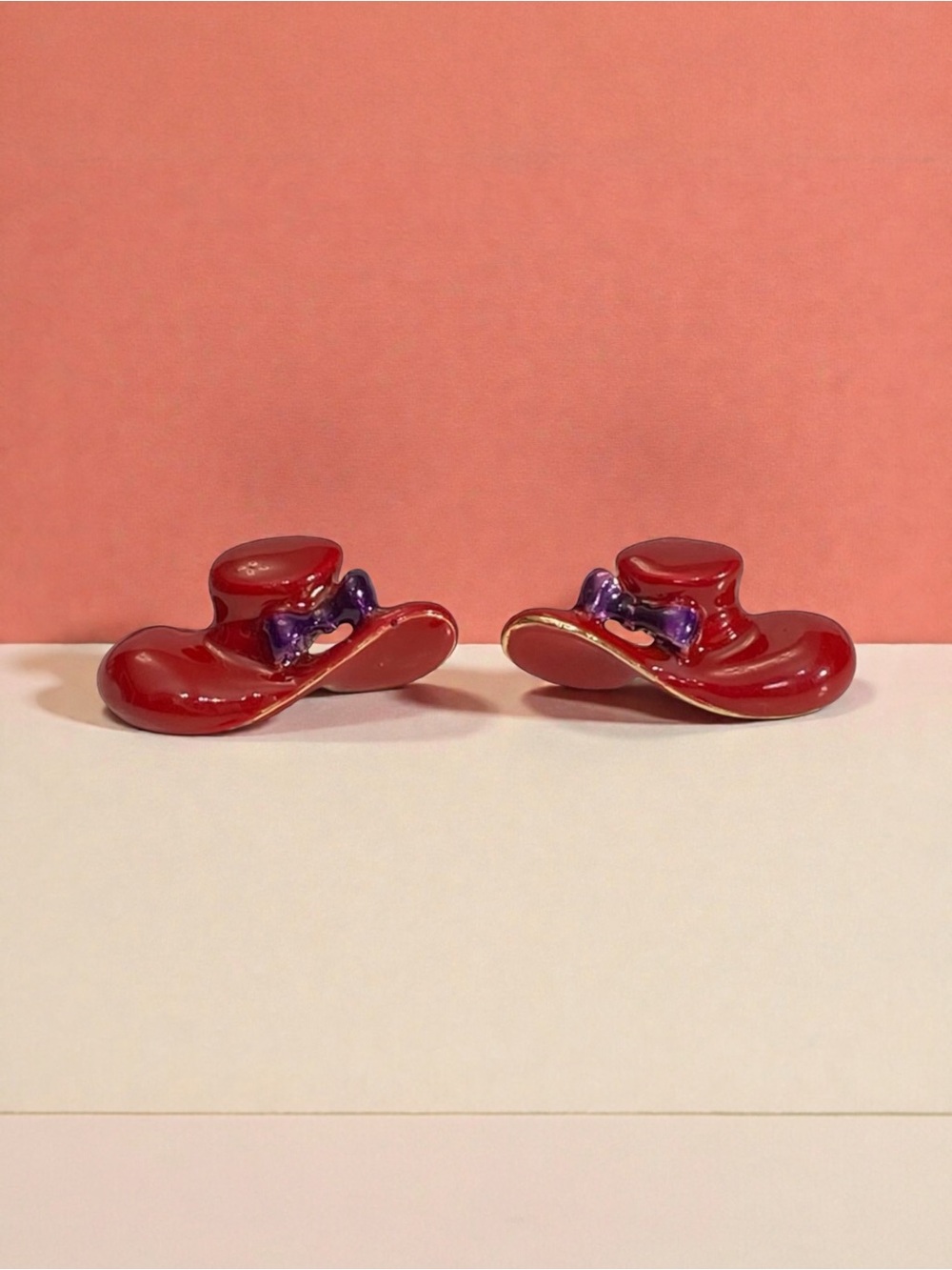 Red Hat Shaped Earrings with Purple Bow